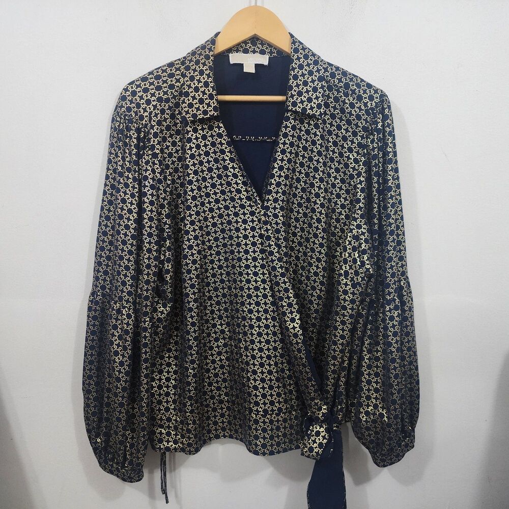 Michael Kors Womens Metallic Chain-Print Wrap Top Stretch PolyKnit Plus Size 2X